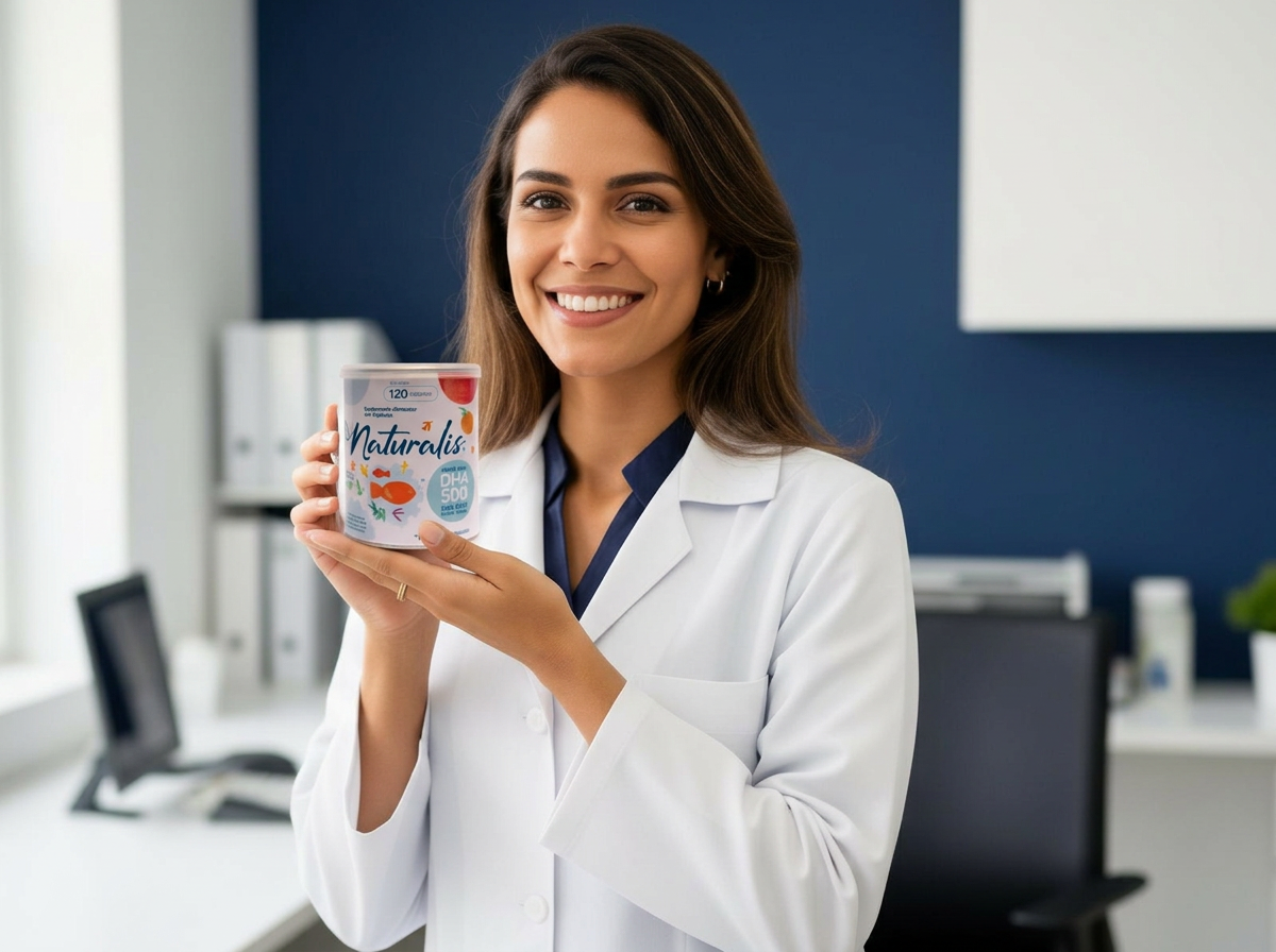 Nutricionista apresentando um suplemento Naturalis em um consultório